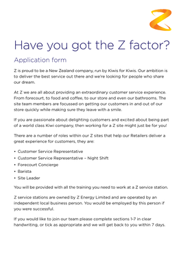 Have You Got the Z Factor? Application Form
