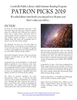 PATRON PICKS 2019 We Asked About Some Books You Enjoyed Over the Past Year