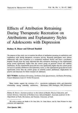 Effects of Attribution Retraining During Therapeutic Recreation on Attributions and Explanatory Styles of Adolescents with Depression
