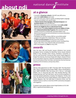 About Ndi National Dance at a Glance • Currently in 35 Partner Schools in the NYC Area, NDI Serves More Than 5,000 Children Each Week