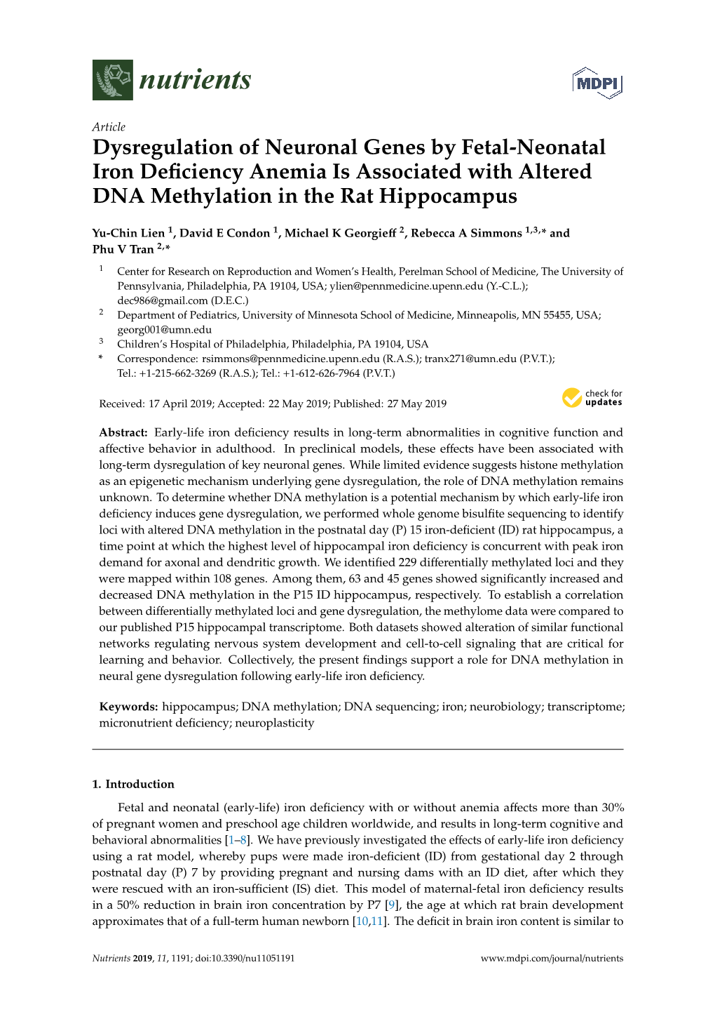 Dysregulation of Neuronal Genes by Fetal-Neonatal Iron Deficiency Anemia Is Associated with Altered DNA Methylation in the Rat Hippocampus