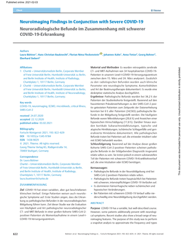 Neuroimaging Findings in Conjunction with Severe COVID-19 Neuroradiologische Befunde Im Zusammenhang Mit Schwerer COVID-19-Erkrankung