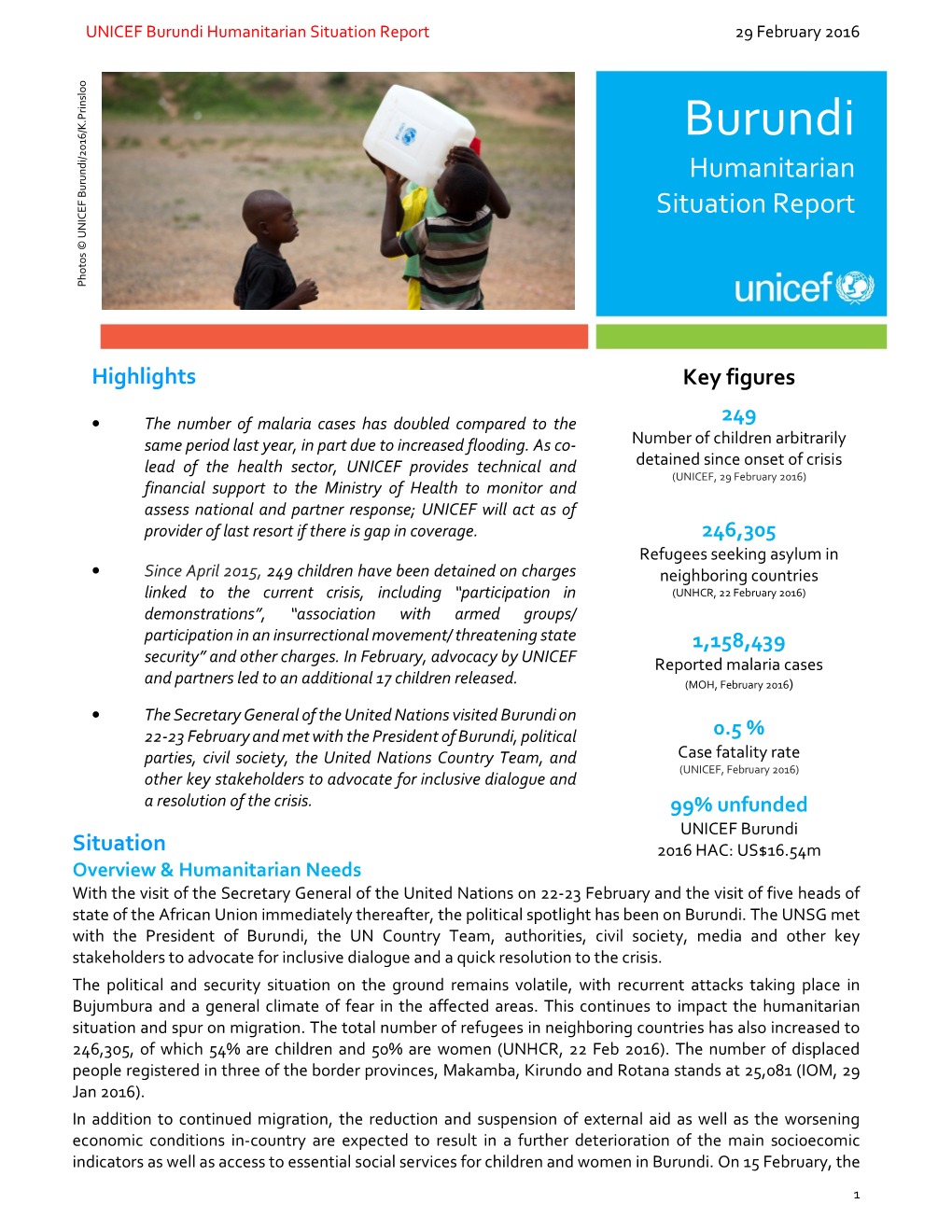 UNICEF Burundi Humanitarian Sitrep