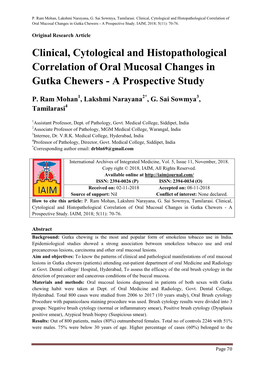 Clinical, Cytological and Histopathological Correlation of Oral Mucosal Changes in Gutka Chewers - a Prospective Study