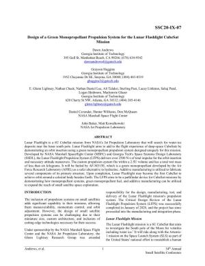Design of a Green Monopropellant Propulsion System for the Lunar Flashlight Cubesat Mission