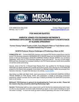Fox Nascar Quotes Harvick Joined Fox Business Network's Mornings with Maria to Discuss Wednesday's Ncwts Race at Eldora