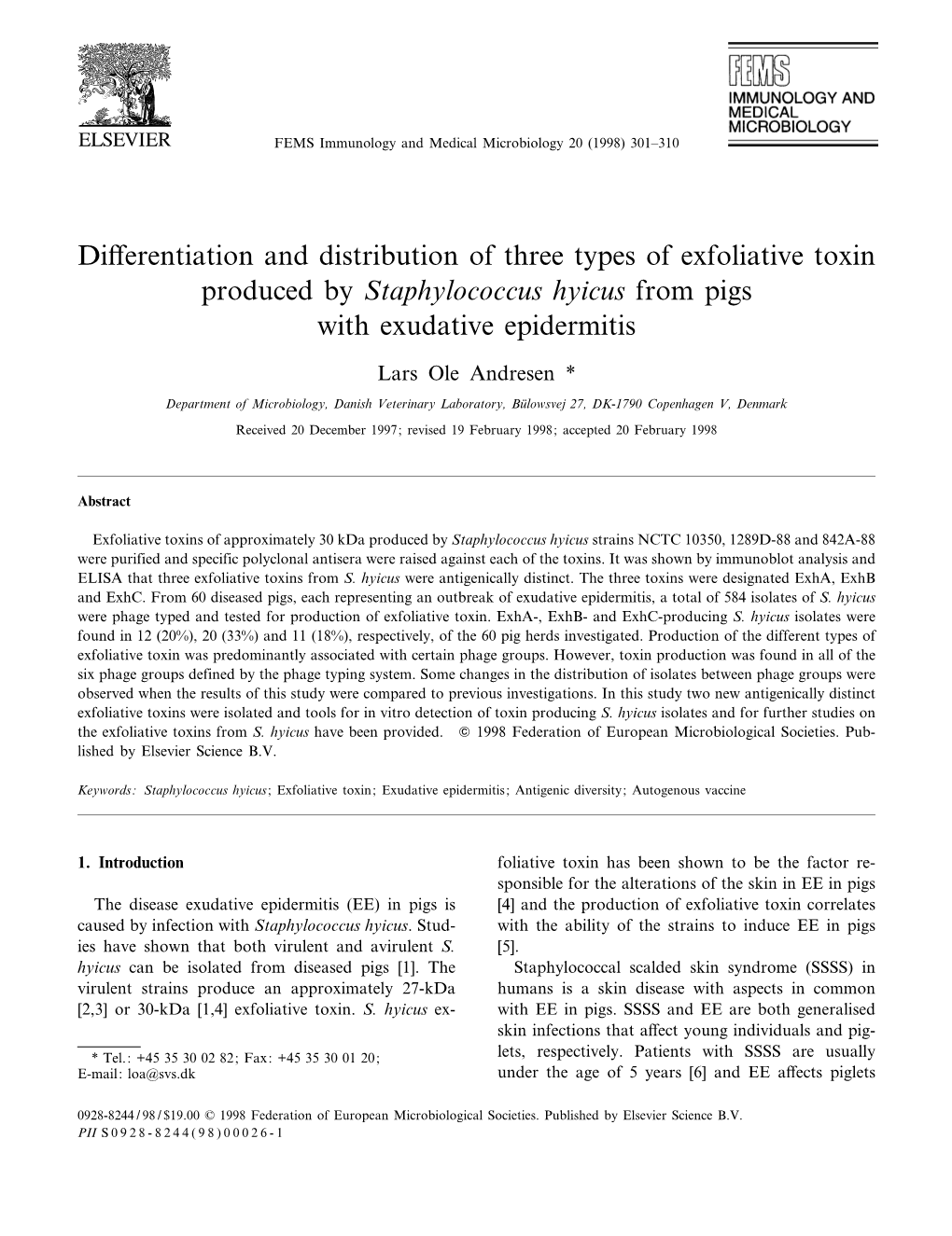 Differentiation and Distribution of Three Types of Exfoliative Toxin Produced