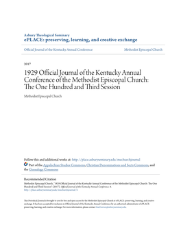 1929 Official Journal of the Kentucky Annual Conference of the Methodist Episcopal Church: the One Hundred and Third Session Methodist Episcopal Church