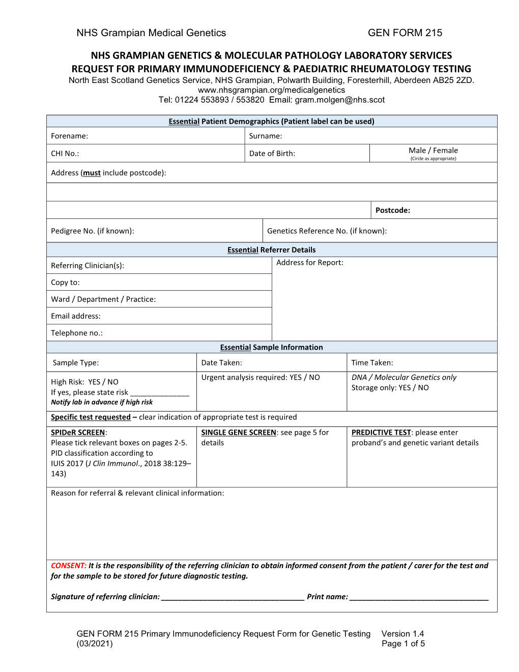 NHS Grampian Medical Genetics GEN FORM 215