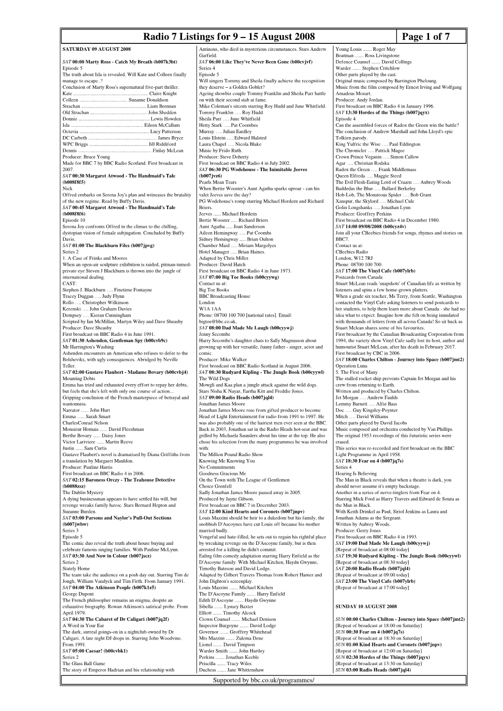 Radio 7 Listings for 9 – 15 August 2008 Page 1 of 7 SATURDAY 09 AUGUST 2008 Antinous, Who Died in Mysterious Circumstances