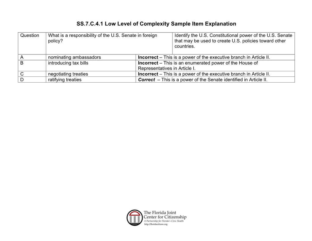 SS.7.C.4.1 Low Level of Complexity Sample Item Explanation