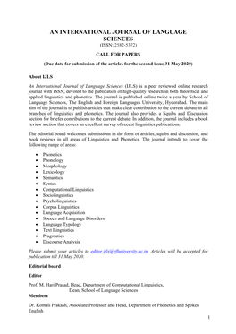 AN INTERNATIONAL JOURNAL of LANGUAGE SCIENCES (ISSN: 2582-5372) CALL for PAPERS (Due Date for Submission of the Articles for the Second Issue 31 May 2020)