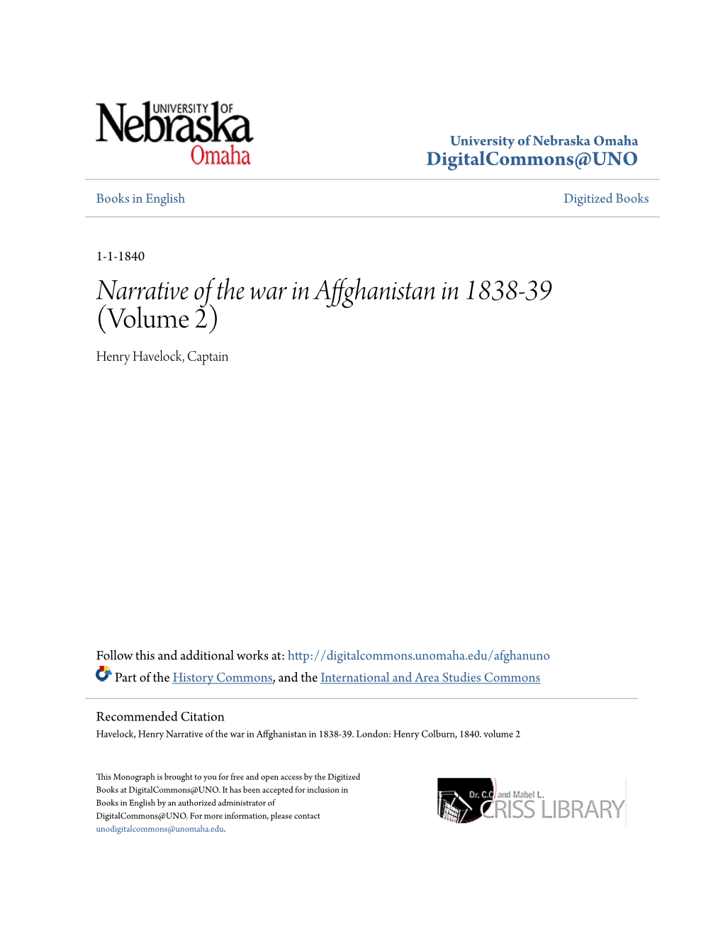 Narrative of the War in Affghanistan in 1838-39 (Volume 2) Henry Havelock, Captain