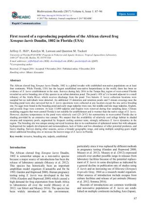 First Record of a Reproducing Population of the African Clawed Frog Xenopus Laevis Daudin, 1802 in Florida (USA)