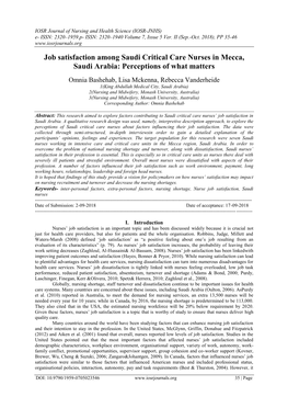 Job Satisfaction Among Saudi Critical Care Nurses in Mecca, Saudi Arabia: Perceptions of What Matters