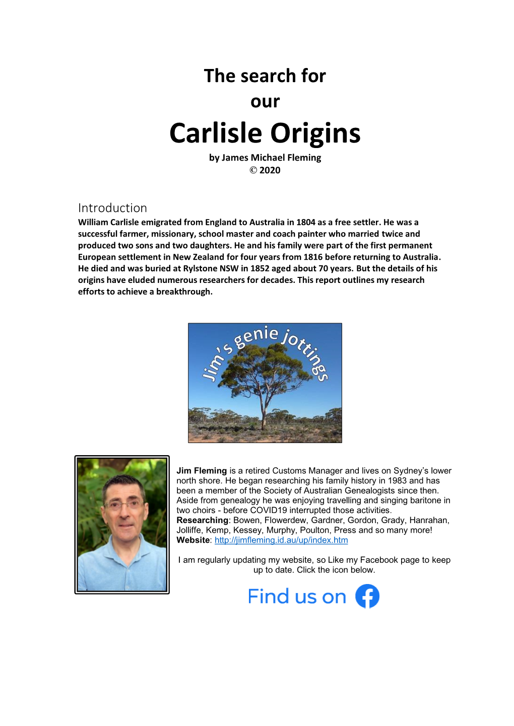 Our Carlisle Origins by James Michael Fleming © 2020