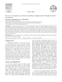 Paracoccus Marginatus, an Invasive Mealybug of Papaya and Its Biological Control – an Overview M