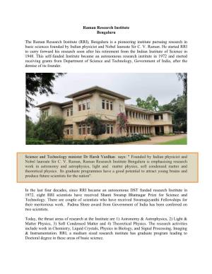 Raman Research Institute Bengaluru the Raman Research Institute