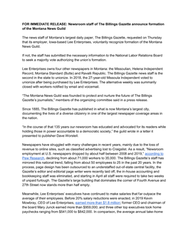FOR IMMEDIATE RELEASE: Newsroom Staff of the Billings Gazette Announce Formation of the Montana News Guild