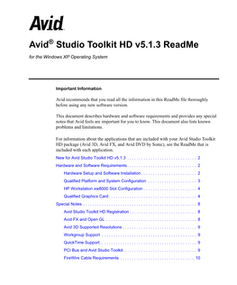 Avid Studio Toolkit HD V5.1.3 Readme for the Windows XP Operating System • Part 0130-07004-01 Rev