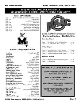 2005 Marist College Baseball Maac Baseball Tournament Guide and Notes