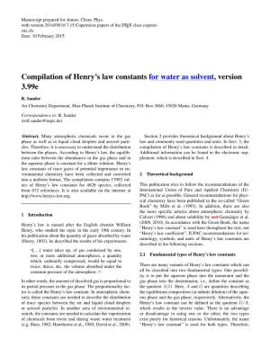 Compilation of Henry's Law Constants :::: Water::::: Solvent, Version 3.99E