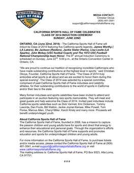 California Sports Hall of Fame Celebrates Class of 2014 Induction Ceremony Sunday, June 22Nd