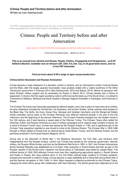 Crimea: People and Territory Before and After Annexation Written by Ivan Katchanovski
