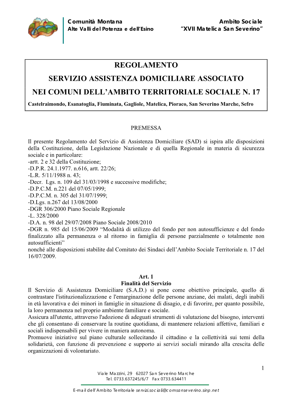 Regolamento Servizio Assistenza Domiciliare Associato Nei Comuni Dell'ambito Territoriale Sociale N. 17