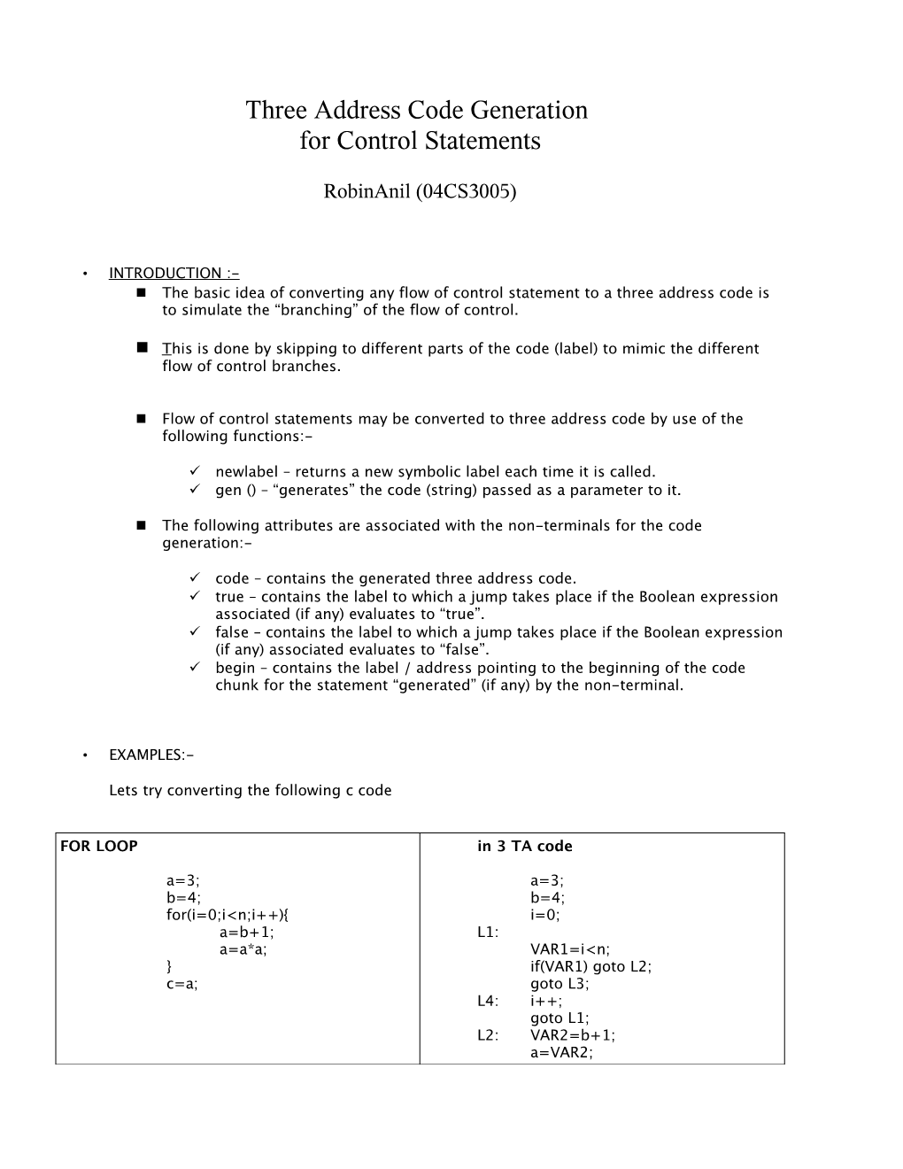 Three Address Code Generation for Control Statements