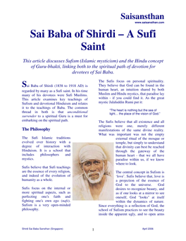 Sai Baba of Shirdi – a Sufi Saint