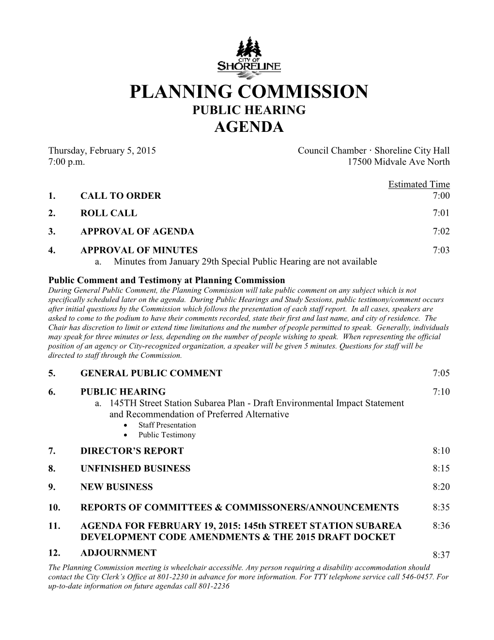 Planning Commission Public Hearing Agenda