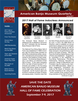 SAVE the DATE AMERICAN BANJO MUSEUM HALL of FAME CELEBRATION September 7-9, 2017 from the Director
