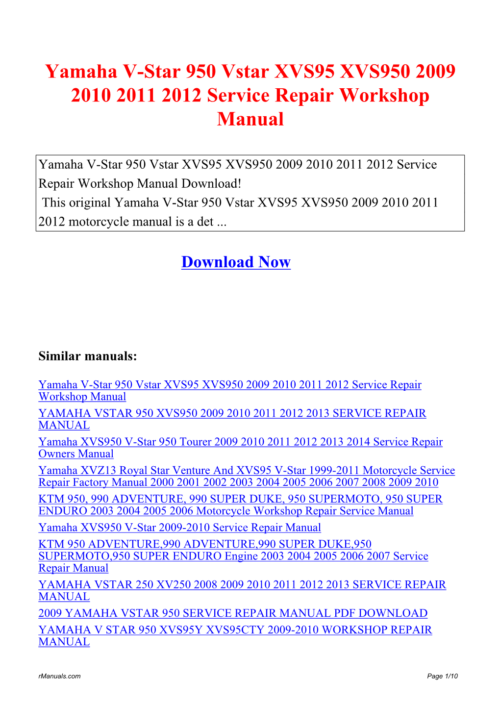 Yamaha V-Star 950 Vstar XVS95 XVS950 2009 2010 2011 2012 Service Repair Workshop Manual