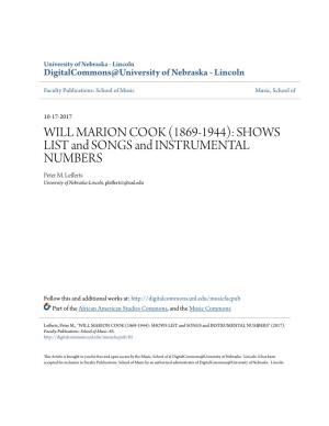 WILL MARION COOK (1869-1944): SHOWS LIST and SONGS and INSTRUMENTAL NUMBERS Peter M