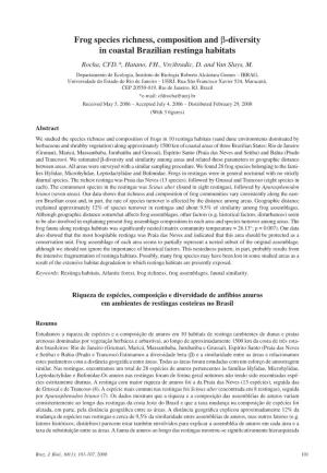 Frog Species Richness, Composition and Β-Diversity in Coastal Brazilian Restinga Habitats Rocha, CFD.*, Hatano, FH., Vrcibradic, D