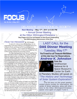 LAST CALL for the DAS Dinner Meeting Tuesday, May17th