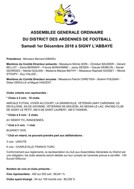 ASSEMBLEE GENERALE ORDINAIRE DU DISTRICT DES ARDENNES DE FOOTBALL Samedi 1Er Décembre 2018 À SIGNY L’ABBAYE