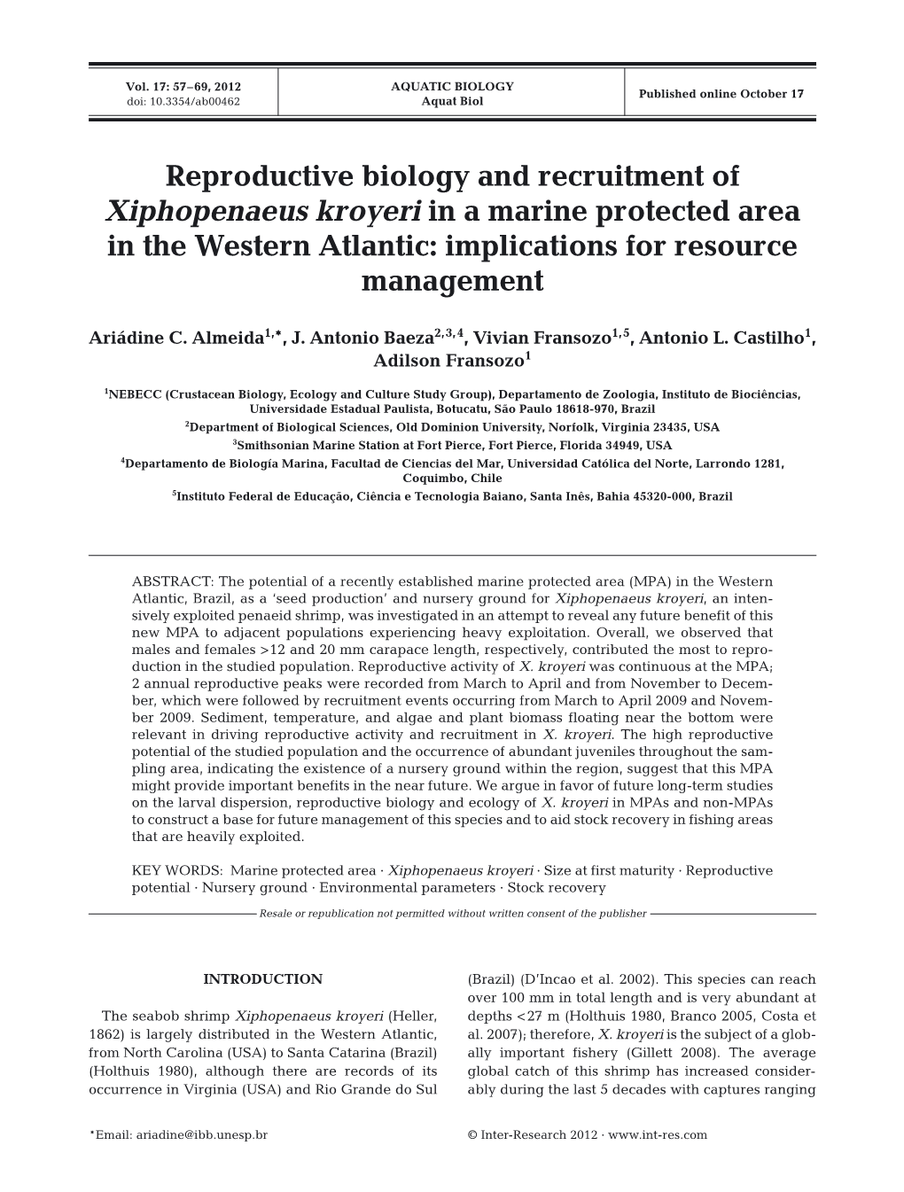 Reproductive Biology and Recruitment of Xiphopenaeus Kroyeri in a Marine Protected Area in the Western Atlantic: Implications for Resource Management