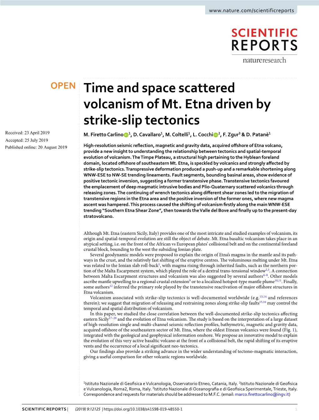 Time and Space Scattered Volcanism of Mt. Etna Driven by Strike-Slip Tectonics Received: 23 April 2019 M