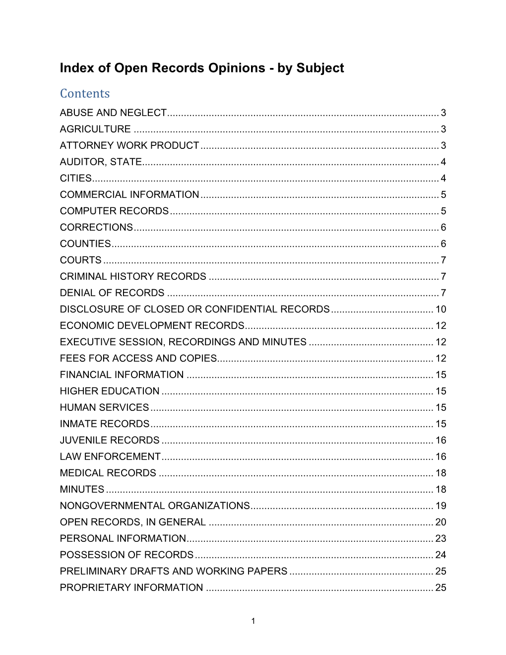 Index of Open Records Opinions - by Subject Contents ABUSE and NEGLECT