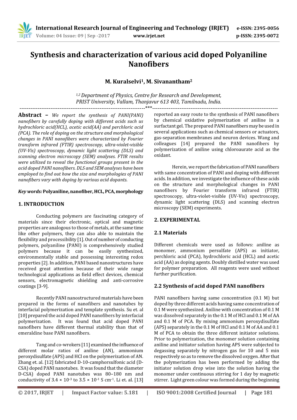 Synthesis and Characterization of Various Acid Doped Polyaniline Nanofibers