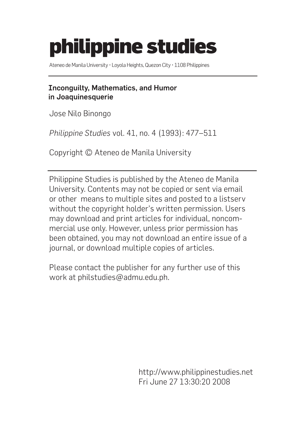 Philippine Studies Ateneo De Manila University • Loyola Heights, Quezon City • 1108 Philippines