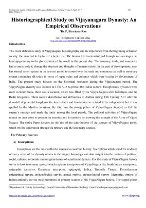 Historiographical Study on Vijayanagara Dynasty: an Empirical Observations 1Dr.P