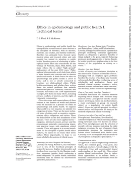 Glossary Ethics in Epidemiology and Public Health I. Technical Terms