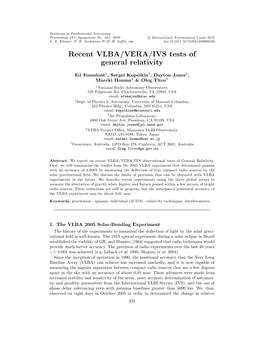 Recent VLBA/VERA/IVS Tests of General Relativity