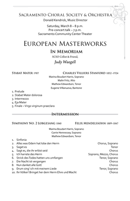 European Masterworks in Memoriam SCSO Cellist & Friend, Judy Waegell