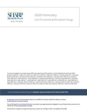 Sharp Health Plan 2020 Formulary List of Covered Prescription Drugs