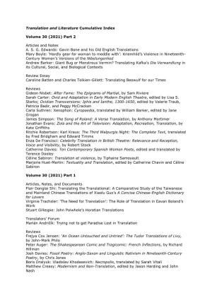 Translation and Literature Cumulative Index Volume 30