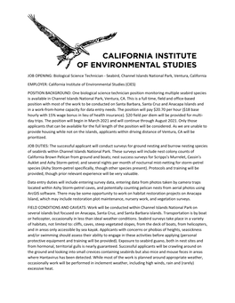 JOB OPENING: Biological Science Technician - Seabird, Channel Islands National Park, Ventura, California